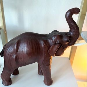 Vintage Brown Leather Wraped Elephant With Glass Eyes